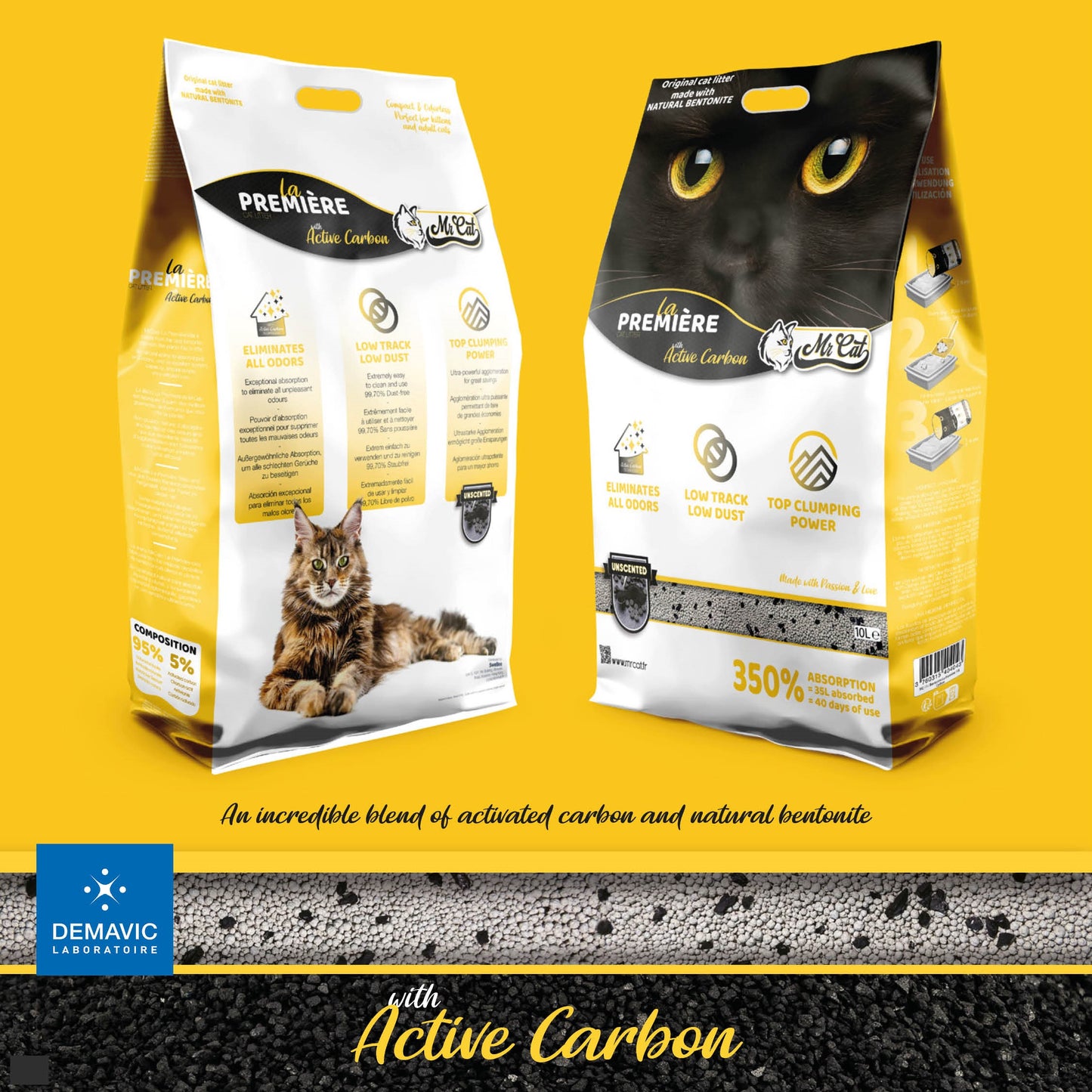 Mr Cat Litière 100% Bentonite naturelle pour chat - Charbon Actif 8 kg