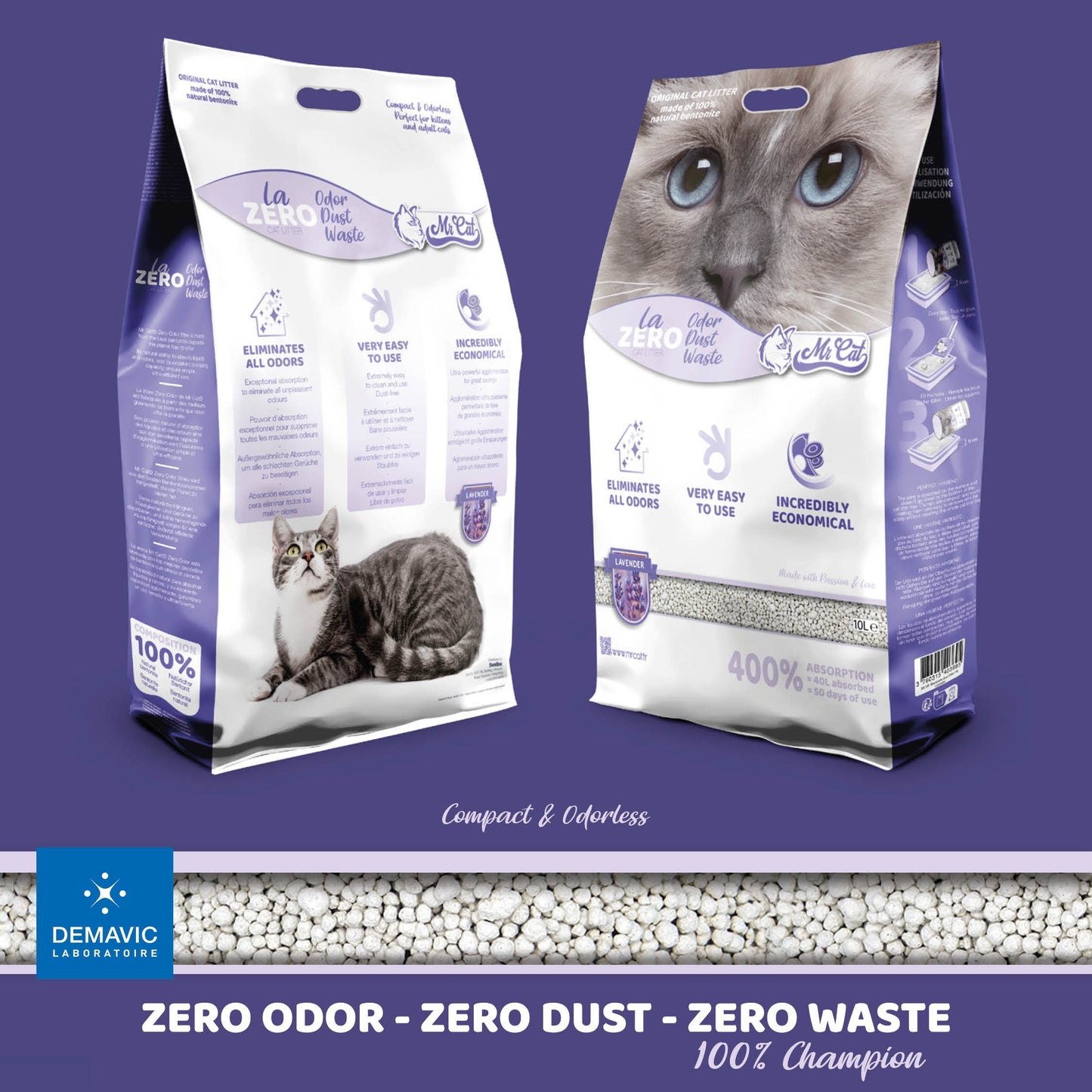 Mr Cat Litière 100% Bentonite naturelle pour chat - Lavande 8 kg